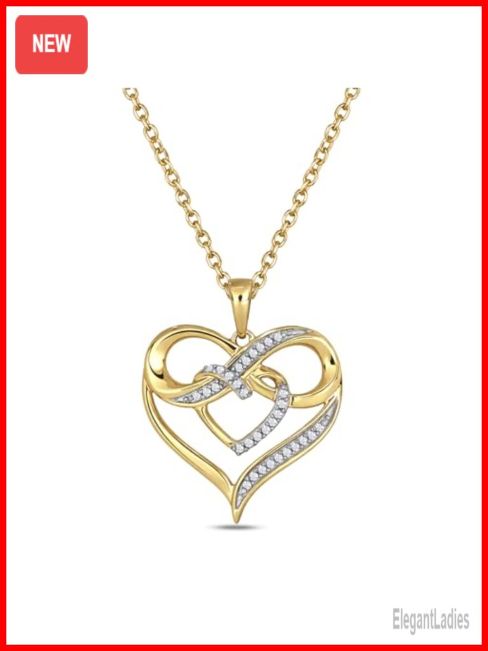 10K Solid Gold Diamond Double Heart Infinity Pendant Necklace